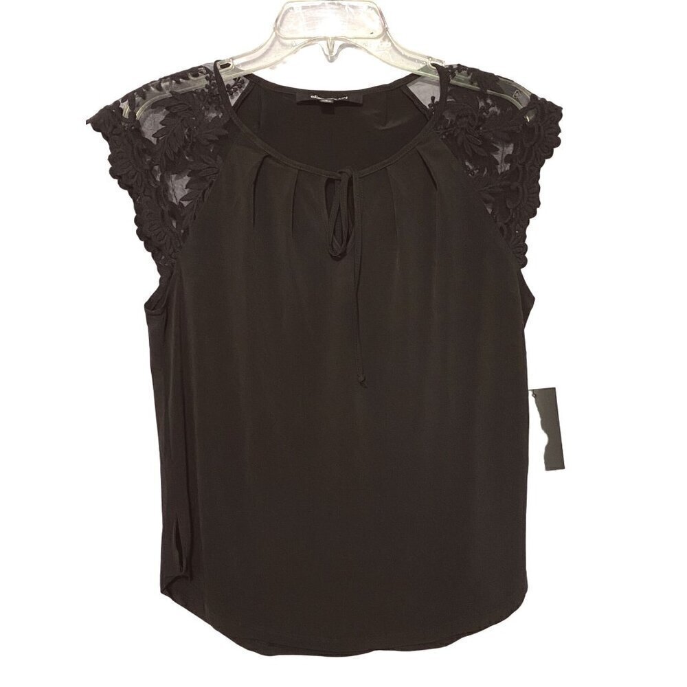 Sweet Rain Black Blouse‎ with Sheer Lace Cap Sleeves Women's Size Small NWT